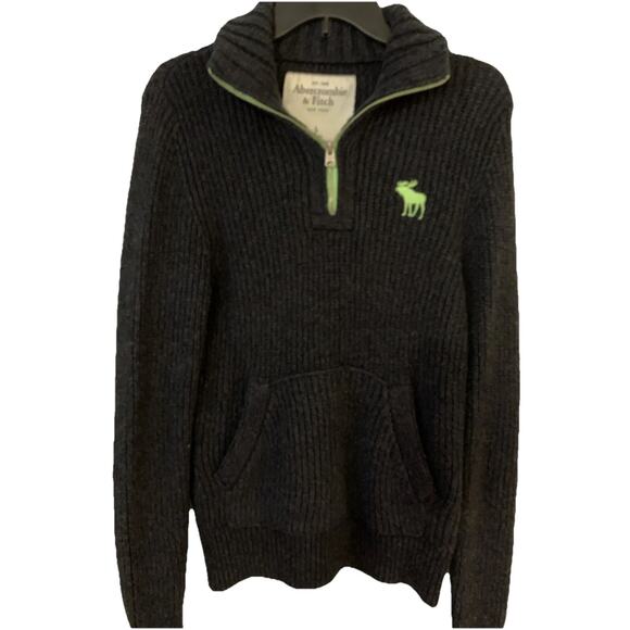 Y2k Abercrombie Fitch 1/2 Zip Sweater Slim L Fisherman Pullover Gray Green Logo - Picture 1 of 11